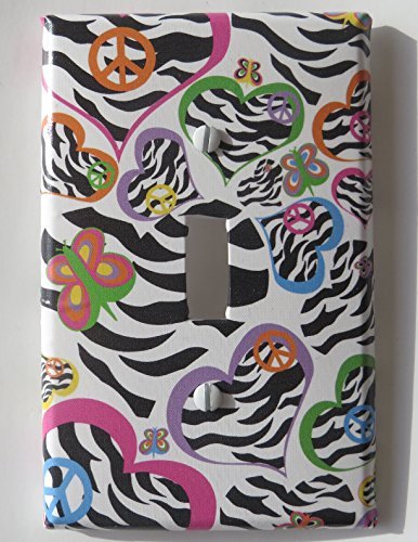 Multi Colored Zebra Print Heart Light Switch Plate Cover in Pink, Purple, Green, Blue, Yellow and Green Hearts