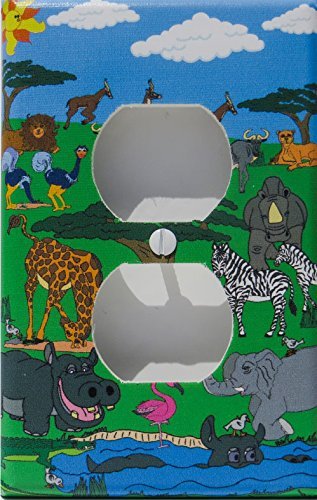 Animals Safari Outlet Switch Plate Cover / Safari Wall Decor with Zebras, Giraffes, Hippos, Elephants, Flamingo, Giselle, and Water Buffalo
