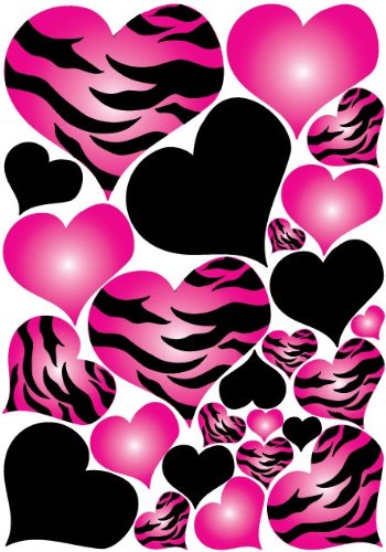 Hot Pink Radial, Zebra Print Heart Wall Decals Stickers/Jungle Safari Hearts Wall Decor