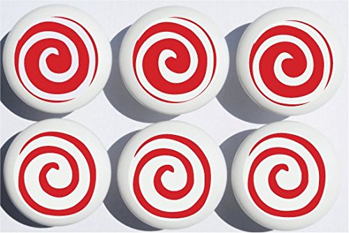Red Swirly Spiral Polka Dot Drawer Knobs/Whimsical Swirls Ceramic Cabinet Pulls for Nursery or Children's Room Decor (Set of 6)