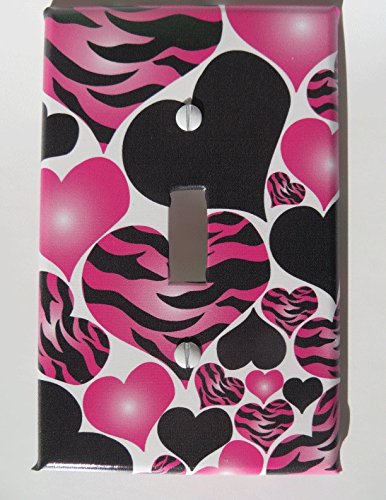 Hot Pink Radial Heart Zebra Print Light Switch Plate Covers / Zebra Print Wall Decor