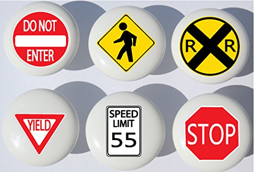 Traffic Street Sign Drawer Pulls/Ceramic Cabinet Handle Knobs/Set of 6