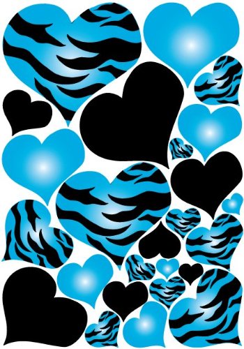 Blue Radial Zebra Print Hearts Wall Sticker Decals on a 18in by 25in sheet