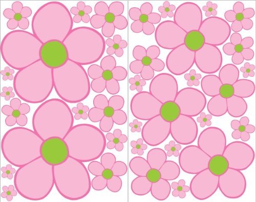Pink with Green Daisy Flower Wall Decals, Stickers, / Flower Wall Decor