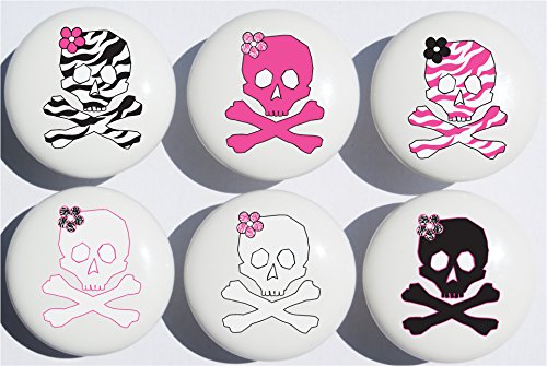 Zebra Print Skull Drawer Pulls / Ceramic Skulls Drawer Knobs, Set of 6