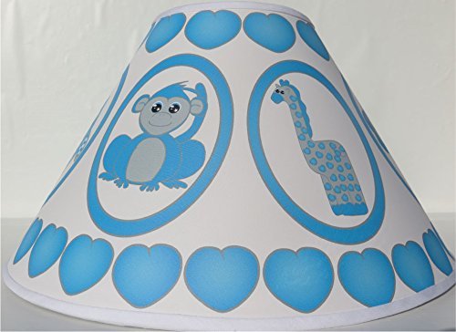 Blue Baby Safari Lamp Shade with Elephants, Owl, Zebra, Giraffe, Hippo, Lion and Monkey Nursery Decor