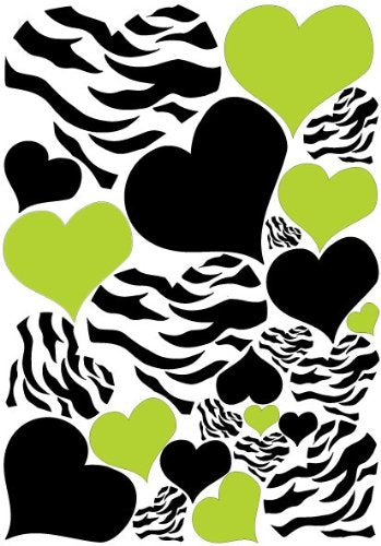 Zebra Print Heart Wall Decals with Black and Green Heart Wall Stickers, Graphics