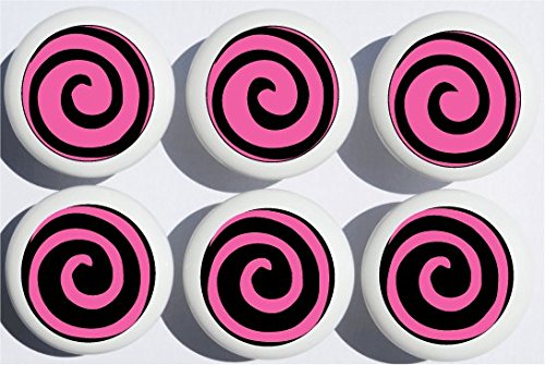Pink and Black Swirly Spiral Polka Dot Drawer Knobs/Whimsical Swirls Ceramic Cabinet Pulls for Nursery or Children's Room Decor (Set of 6)