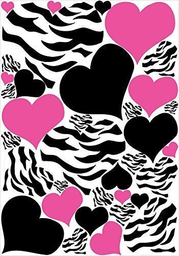 Zebra Print, Black and Hot Pink Heart Wall Stickers, Decals, Graphics 34 Heart Wall Decals