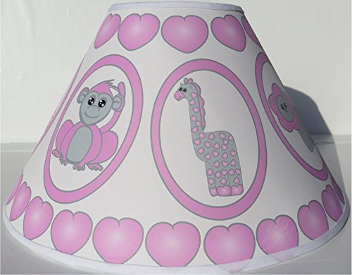 Pink Baby Safari Lamp Shade with Elephants, Owl, Zebra, Giraffe, Hippo, Lion and Monkey Nursery Decor