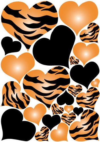 Tiger Print Orange Radial Hearts Zebra Print Wall Sticker Decals on a 18in by 25in sheet