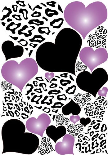 Leopard Print Hearts Wall Decals in Purple Radial and Black Wall Stickers / Decals
