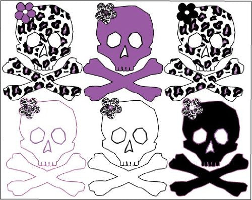 Purple, Black, Leopard Print Skulls Teen Wall Decals / Stickers on one sheet about 26in wide by 21in.
