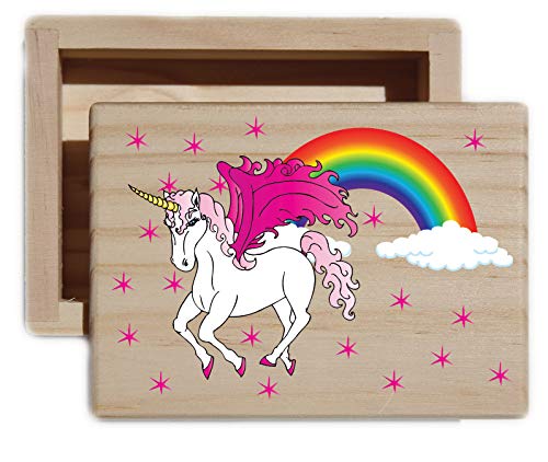Pink Unicorn Horse and Rainbow Wood Keepsake Collectible Box