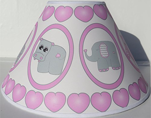 Pink Baby Safari Lamp Shade with Elephants, Owl, Zebra, Giraffe, Hippo, Lion and Monkey Nursery Decor