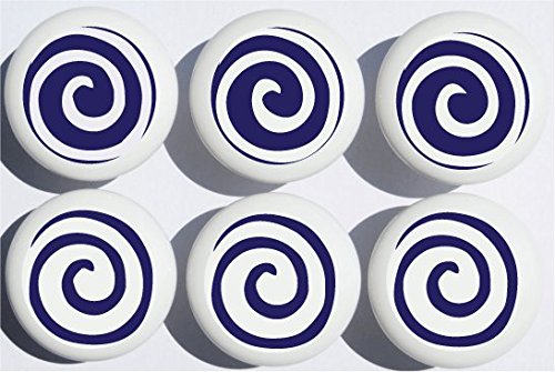Navy Blue Swirly Spirals Polka Dot Drawer Knobs Whimsical Swirls Ceramic Cabinet Pulls for Nursery or Children's Room Decor (Set of 6)