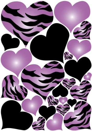 Purple Radial Hearts, Black Hearts, and Zebra Print Heart Wall Decals on a 18in By 25in Sheet