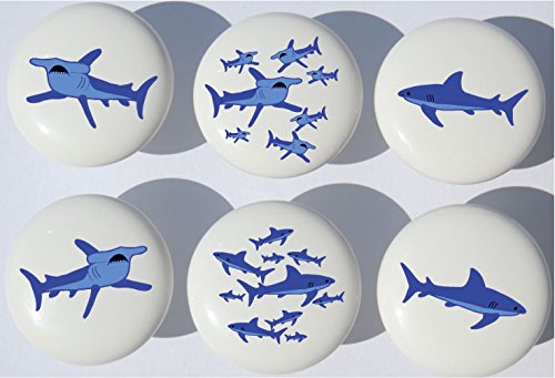 Shark Drawer Pulls/Sharks Furniture Ceramic Cabinet Knobs/Set of 6