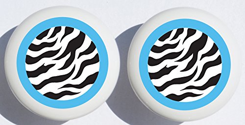 Blue and Black Zebra Print Drawer Pulls / Polka Dot Ceramic Cabinet Knobs / Safari Nursery Room Decor ( Set Of Two)
