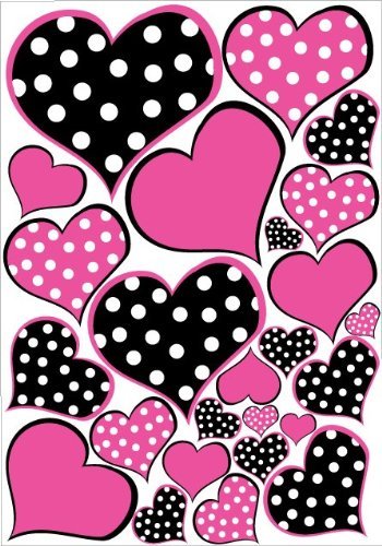 Hot Pink and Black Polka dot Heart Wall Decals Stickers / Childrens Wall Decor