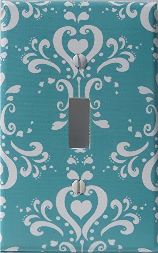Aqua Damask Light Switch Plate and Outlet Covers/Damask with Hearts Nursery Wall Decor