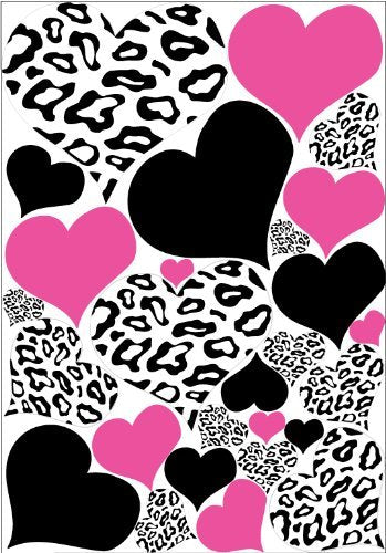 Leopard Print Hearts Wall Decals in Hot Pink and Black Wall Stickers / Decals