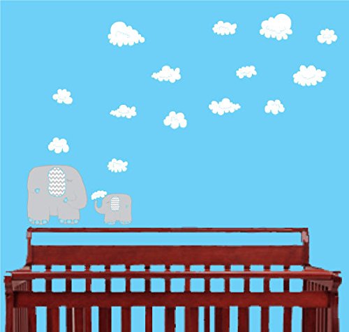 Blue and Grey Elephant Wall Decals/Elephants Wall Stickers with Blue and White Clouds Wall Decals