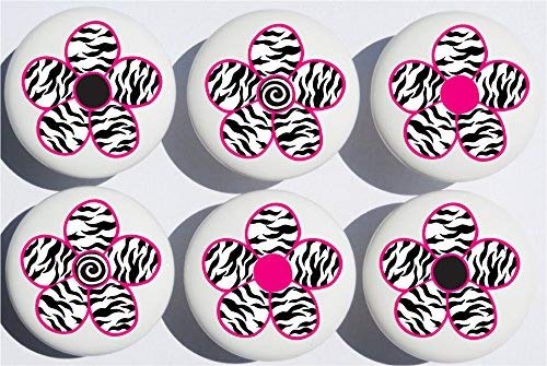 Zebra Print Daisy Flower Drawer Pulls / Ceramic Drawer Knob Handles, Set of 6