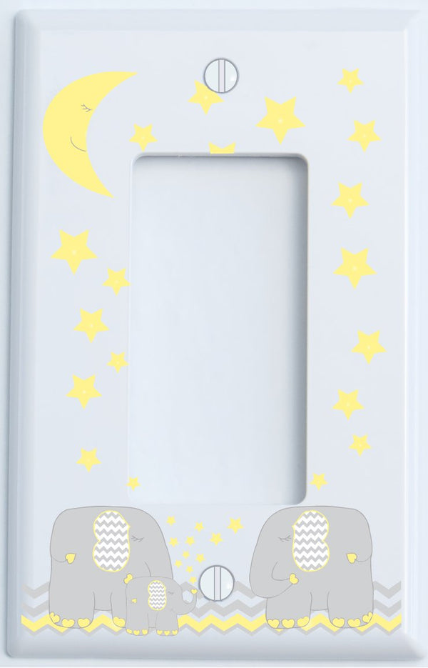 Yellow Elephant Light Switch Plate and Outlet Covers with Yellow Moon and Stars / Elephant Nursery Wall Decor with Grey and Yellow Chevrons Plates.
