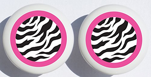 Pink and Black Zebra Print Drawer Pulls/Polka Dot Ceramic Cabinet Knobs/Safari Nursery Room Decor (Set of Two)