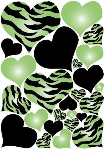 Green Radial, Zebra Print, and Black Hearts Wall Sticker Decals