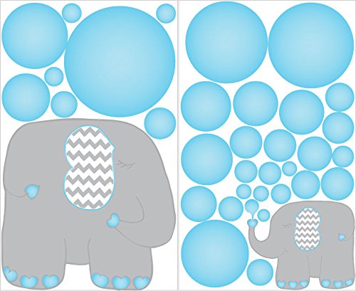Blue and Grey Elephant Wall Decals/Jungle Safari Elephants with Blue Bubble Wall Decals