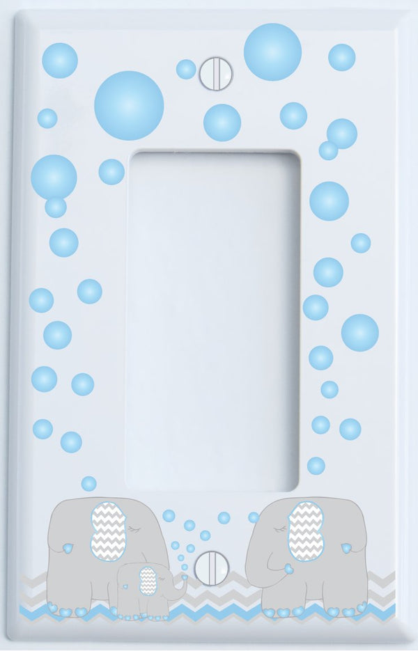 Elephant Light Switch Plate Covers with Blue Bubbles and Elephants with Grey and Blue Chevron