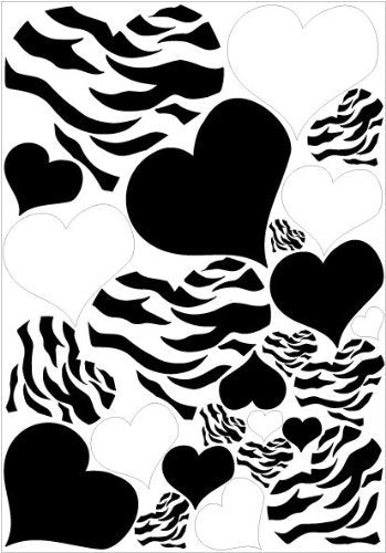 Hearts Zebra Print, Black, and White Heart Wall Stickers / 25 Heart Wall Decals / Decor