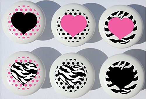 Presto Wall Decals Zebra Print Pink and Black Heart Drawer Pulls/Zebra Stripes Pattern Furniture Ceramic Cabinet Knobs (Set of 6)