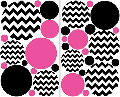 Hot Pink and Black Chevron Polka Dots Wall Decals Stickers