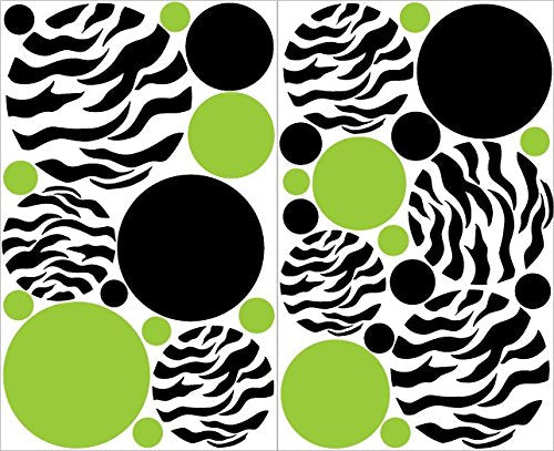 Green and Black Zebra Print Dots Wall Decals / 33 Polka Dot Wall Stickers
