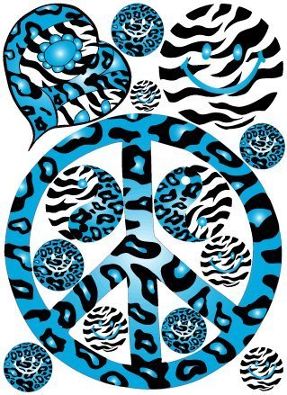 Sixties Theme Blue Peace Sign Cheetah and Zebra Print Wall Stickers Decals