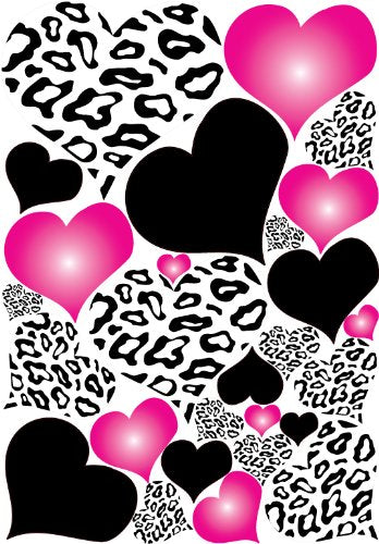 Leopard Print Hearts Wall Decals in Hot Pink Radials and Black Wall Stickers / Decals