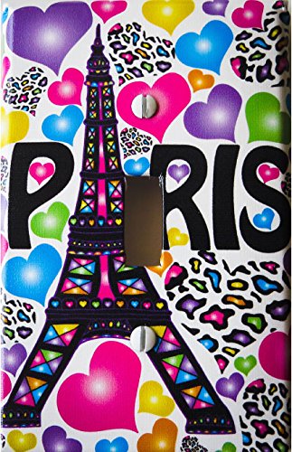 Paris Light Switch Plate Covers / Single Toggle / Eiffel Tower Switch Plates with Multicolored Leopard Print Hearts