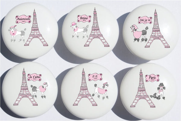 Poodles in Paris Drawer Pull Knobs/Eiffel Tower Paris Ceramic Cabinet Handles/Paris Room Decor