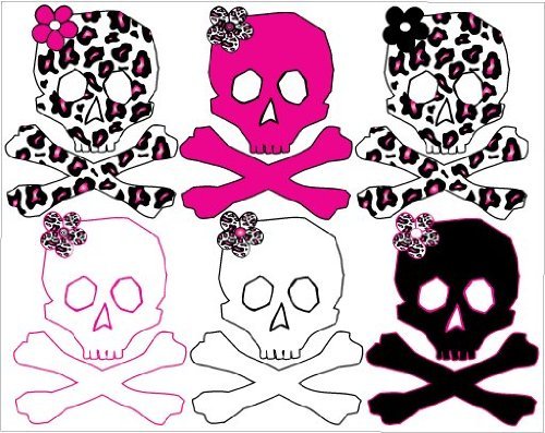 Hot Pink, Black, Leopard Print Skulls Teen Wall Decals / Stickers on one sheet about 26in wide by 21in.