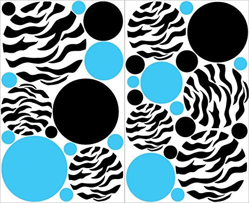 Blue and Black Zebra Print Dots Wall Decals / 33 Polka Dot Wall Stickers