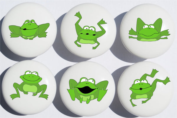 Green Frog Drawer Pulls / Ceramic Drawer Knobs / Set of 6