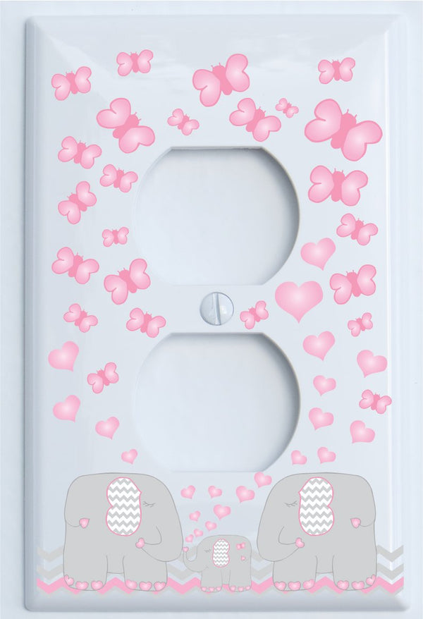 Pink Elephant Light Switch Plate and Outlet Covers/Elephant Nursery Decor with Grey and Pink Chevrons with Pink Hearts and Butterflies