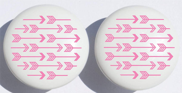 Pink Arrow Print Drawer Knobs/Grey Ceramic Cabinet Pulls Woodland Forest Nursery Decor for Baby Girls (Set of Two)