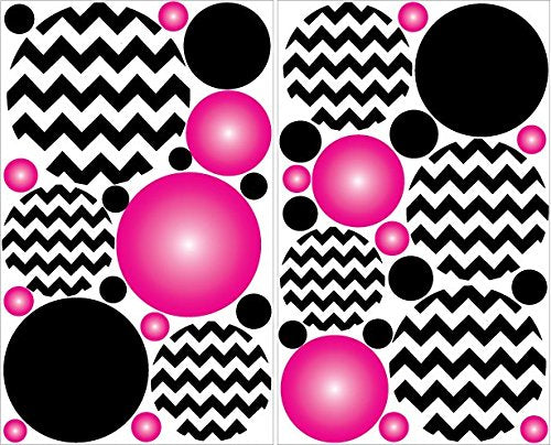 Hot Pink Radial and Black Chevron Polka Dots Wall Decals Stickers
