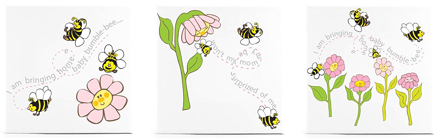 Baby Bumble Bee Canvas Prints Nursery Rhyme 5x5 3/4in Wood Framed Canvas Wall Art Children's Decor (Set of 3)