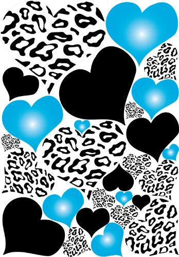 Black and White Leopard Print Hearts with Blue Radial Hearts Wall Stickers / Decals