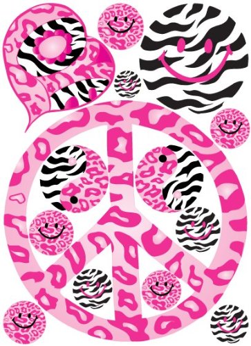 Sixties Theme Pink Peace Sign Wall Decals in Leopard, Cheetah, and Zebra Print Wall Decals / Stickers